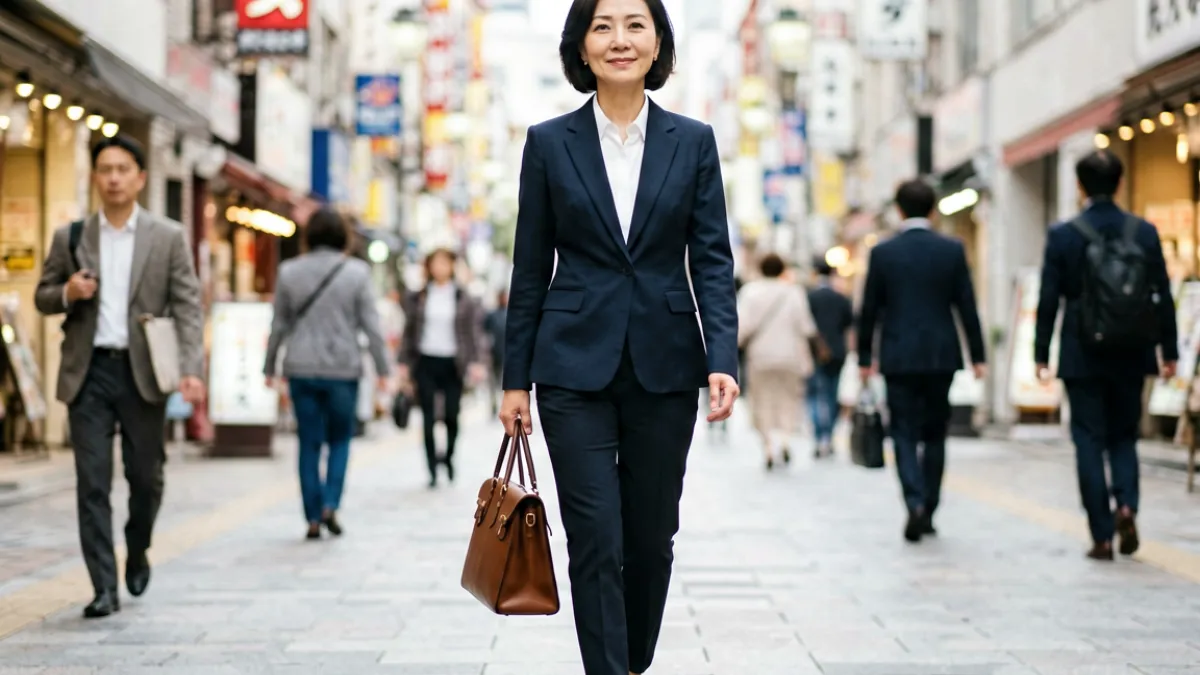 日本熟女文化概念示意图，展现日本都市街头一位成熟女性优雅行走的场景，背景为繁华的东京街道