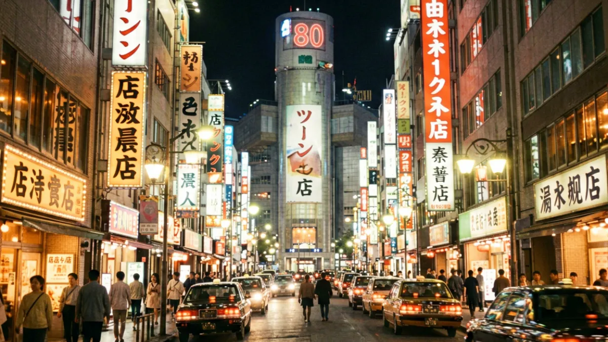 展现日本泡沫经济时代风貌的复古城市场景，街头广告牌上呈现成熟女性形象，霓虹灯闪烁的夜间街道