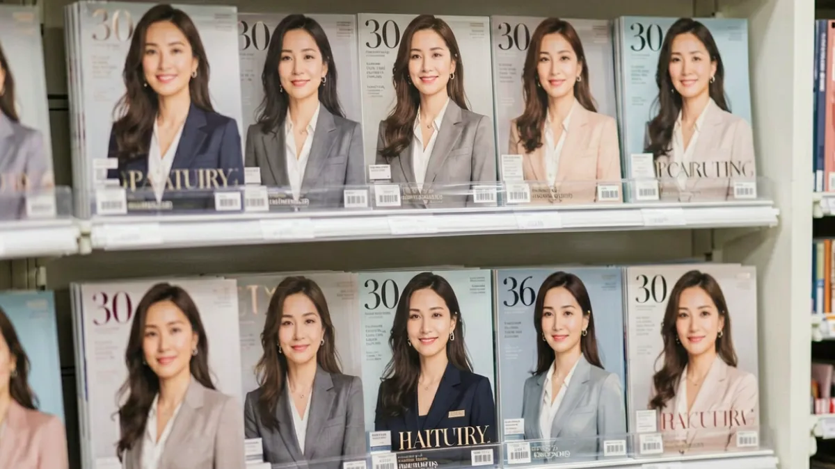 日本熟女 - 日本女性时尚杂志封面陈列场景，多本面向成熟女性的杂志整齐摆放在杂志架上，封面风格优雅精致