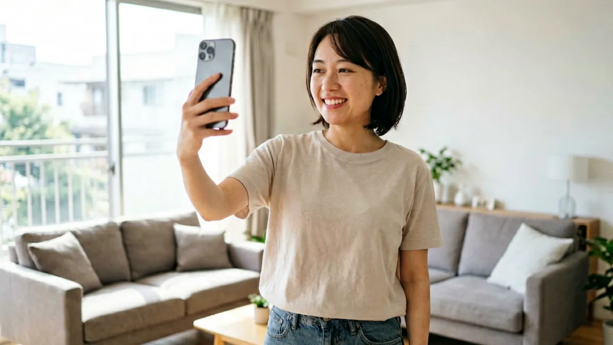 日本成熟女性使用智能手机拍摄日常穿搭的场景，背景为整洁的日式公寓室内，阳光从窗口照入