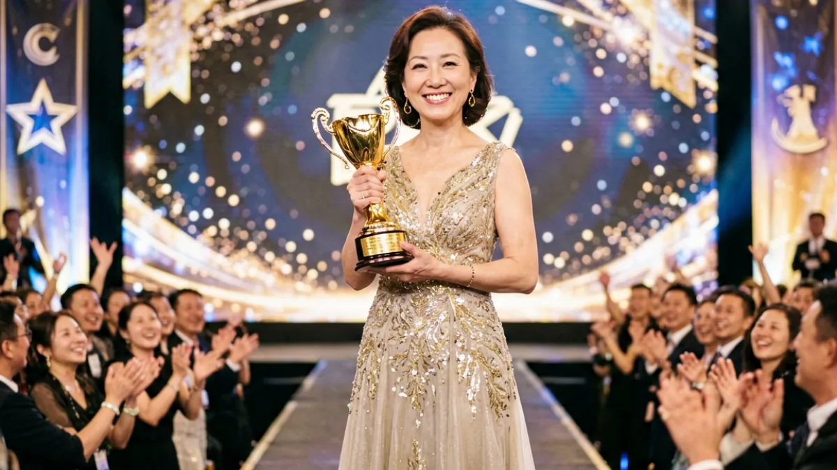 日本熟女主题颁奖典礼现场，获奖演员手持奖杯留影，场馆灯光华丽
