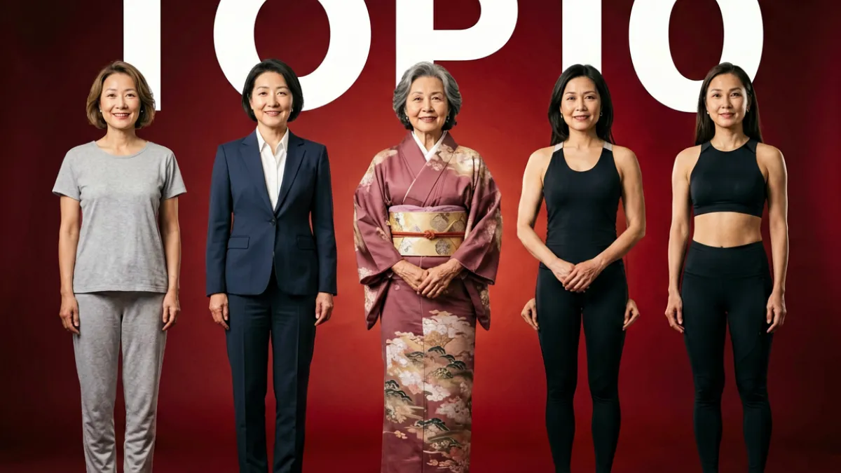 日本熟女人气排行榜封面图，展示多位风格各异的成熟女性角色并列排列，背景为渐变红色榜单风格