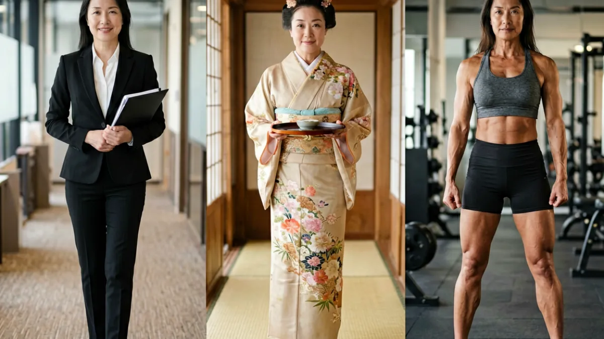 日本熟女不同类型风格对比展示，从职场套装到和服女将再到运动装束，体现多元成熟女性气质