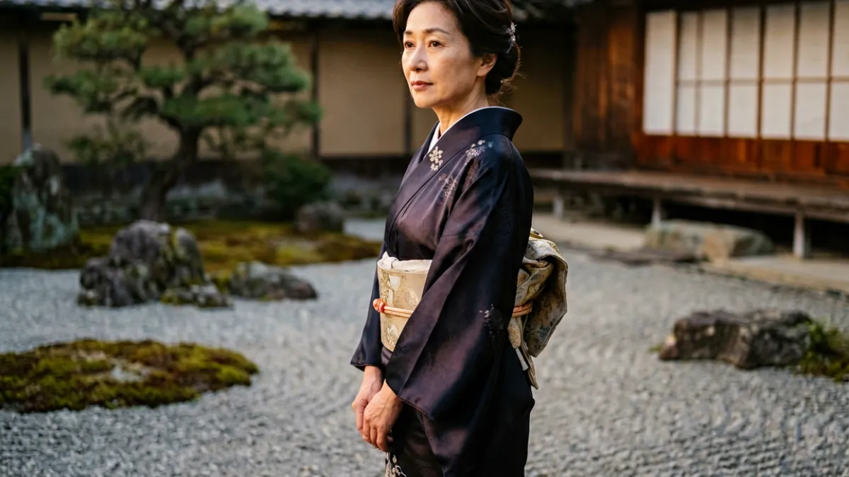 日本熟女影视剧照，女主角身着和服，站立于庭院枯山水前