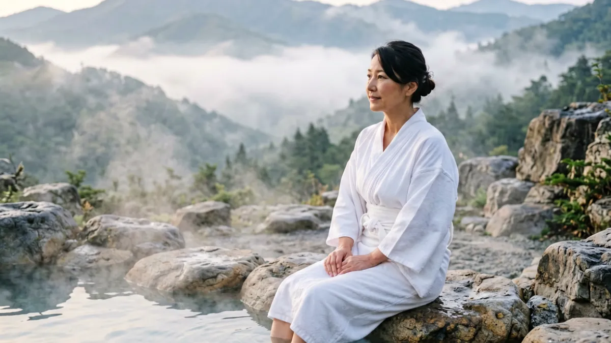 日本熟女温泉主题写真，女性坐于露天岩汤边，背景为远山晨雾