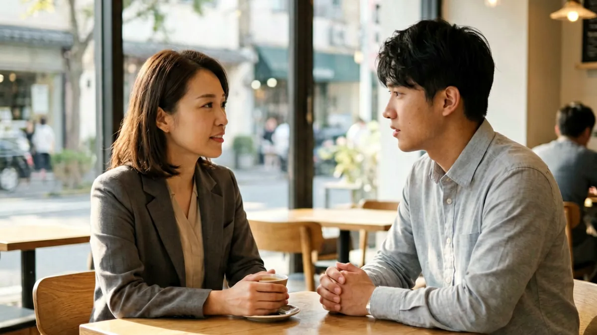 日本熟女题材短剧系列截图，女主角与年轻男性对话，画面温暖